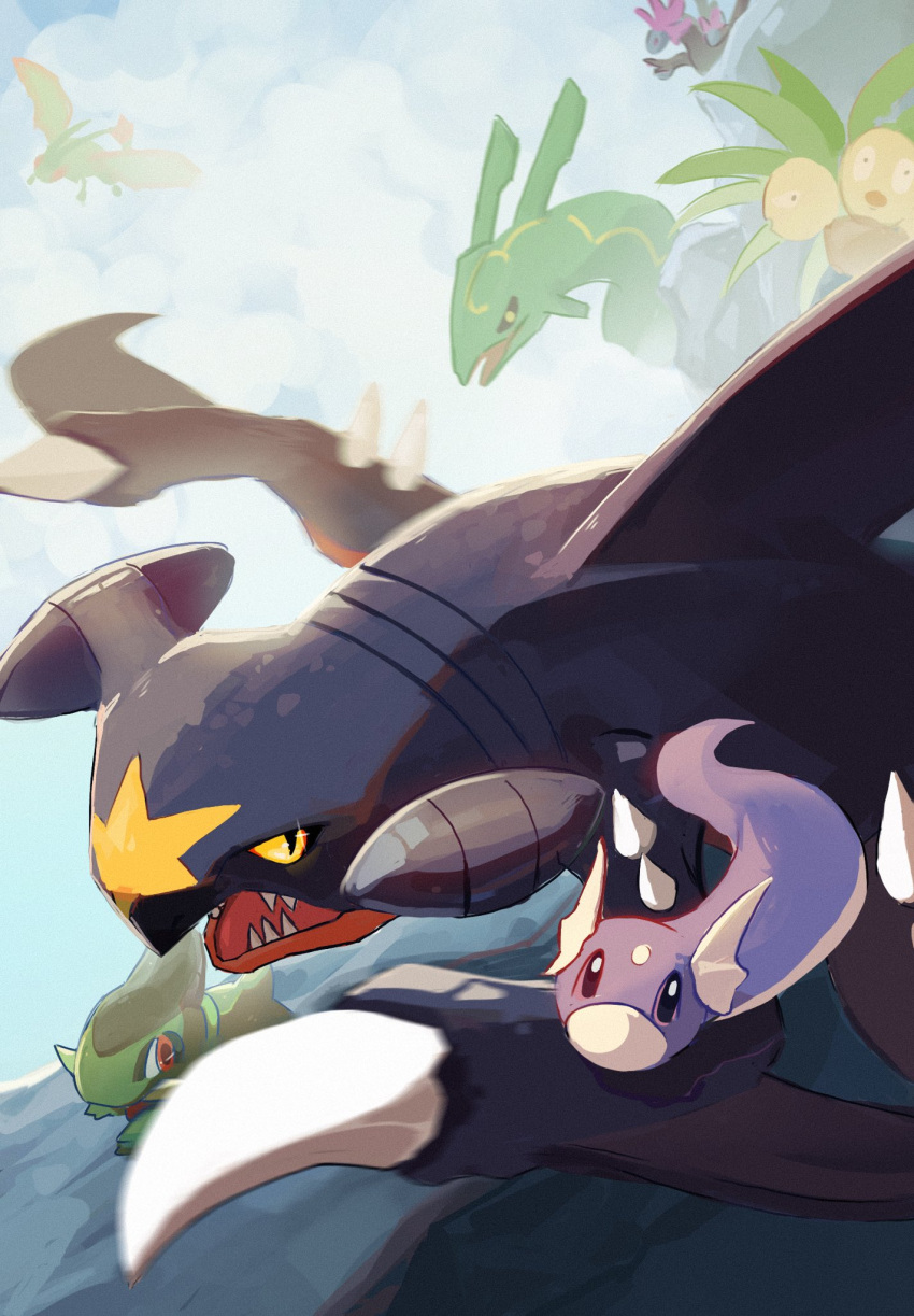 alolan_exeggutor animal_focus axew black_sclera blue_skin chufflepop clouds colored_sclera colored_skin commentary dratini facial_mark flygon flying forehead_mark garchomp green_skin head_wings highres hydreigon no_humans open_mouth pokemon pokemon_(creature) rayquaza red_eyes sharp_teeth teeth wings yellow_eyes