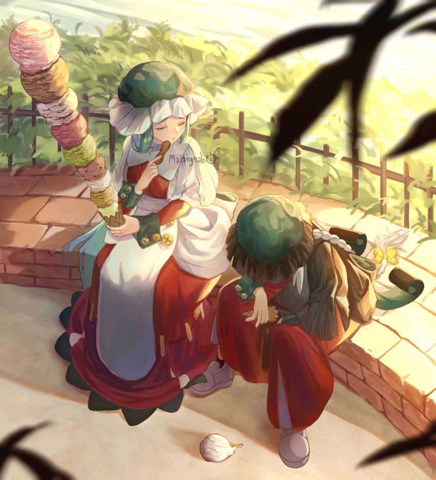 2girls bow braid day dress dropped_food facing_another food green_hair gtcockroach hair_bow hat head_down highres holding holding_food holding_spoon ice_cream ice_cream_cone long_hair long_sleeves multiple_girls original outdoors sitting sleeve_cuffs spoon too_many too_many_scoops very_long_hair white_hair