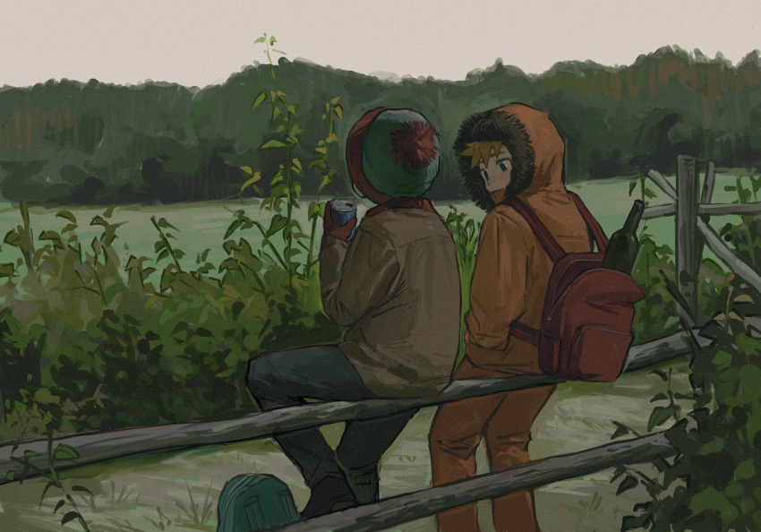 2boys backpack bag blonde_hair blue_eyes bottle brown_jacket bush can chun_baii covered_mouth fence fur-trimmed_jacket fur_trim gloves hand_in_pocket hat highres holding holding_can hood hood_up jacket kenny_mccormick long_sleeves male_focus multiple_boys orange_jacket outdoors pants plant pom_pom_(clothes) red_gloves shoes sitting south_park spiky_hair stan_marsh