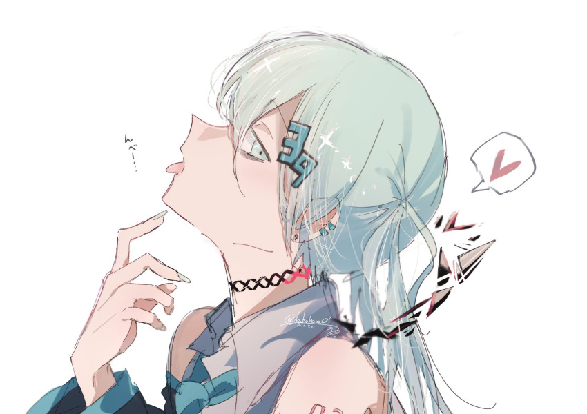 1girl 39 bare_shoulders black_sleeves blue_eyes blue_hair blue_nails blue_necktie collared_shirt detached_sleeves earclip earrings finger_to_own_chin from_side hair_between_eyes hane_(kakuhane) hatsune_miku head_tilt heart highres jewelry long_hair long_sleeves looking_at_viewer nail_polish necktie number_tattoo open_mouth portrait profile shirt sidelocks sideways_glance signature simple_background sleeveless sleeveless_shirt solo spoken_heart stud_earrings tattoo tongue tongue_out twintails vocaloid white_background white_shirt