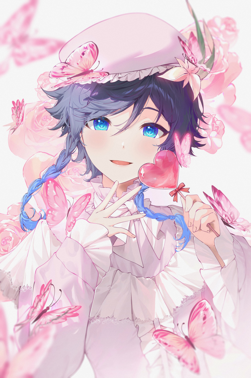 1boy :d absurdres beret black_hair blue_eyes blue_hair blurry blurry_foreground blush braid bug butterfly candy center_frills commentary floating_hair flower food frilled_hat frilled_shirt_collar frilled_sleeves frills genshin_impact gradient_hair hair_between_eyes hair_flower hair_ornament hands_up hat heart heart-shaped_lollipop highres holding holding_candy holding_food holding_lollipop kkopoli lollipop long_sleeves looking_at_viewer male_focus medium_hair multicolored_hair neck_ribbon open_mouth parted_bangs pink_butterfly pink_flower pink_headwear pink_rose pink_shirt puffy_long_sleeves puffy_sleeves red_ribbon ribbon rose shaped_lollipop shirt side_braids simple_background smile solo swept_bangs symbol-only_commentary twin_braids upper_body venti_(genshin_impact) white_background white_ribbon