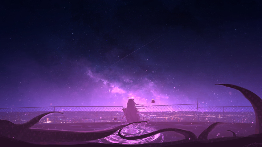 1girl black_hair chain-link_fence city_lights clouds facing_ahead fence from_behind halo highres hololive hololive_english horizon legs_together long_hair magic_circle night night_sky ninomae_ina'nis outdoors rune_xiao shooting_star sky solo sparkle star_(sky) starry_sky straight_hair tentacles very_long_hair virtual_youtuber