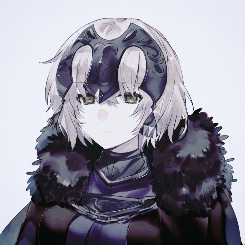 1girl armor black_cape cape closed_mouth expressionless fate/samurai_remnant fate_(series) fur-trimmed_cape fur_trim headpiece highres jeanne_d'arc_alter_(fate) jeanne_d'arc_alter_(lancer)_(fate) looking_at_viewer muted_color short_hair simple_background solo urushimaru0701 white_background white_hair yellow_eyes