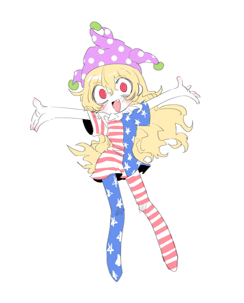 1girl absurdres american_flag_dress american_flag_legwear blonde_hair blush clownpiece full_body hat highres jester_cap m24_chair open_mouth red_eyes solo touhou white_background