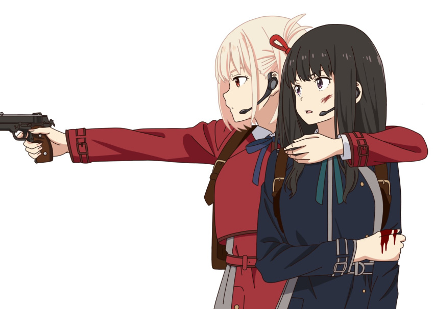 2girls belt black_hair blonde_hair blood blood_on_face blood_on_hands blue_belt blue_dress blue_ribbon bob_cut closed_mouth commentary_request cowboy_shot dot_mouth dress finger_on_trigger green_ribbon grey_dress gun handgun highres holding holding_gun holding_weapon inoue_takina long_hair looking_to_the_side lycoris_recoil lycoris_uniform microphone multiple_girls neck_ribbon nishikigi_chisato open_mouth profile red_belt red_dress red_eyes red_ribbon ribbon short_hair simple_background standing two-tone_dress violet_eyes wataame_(i20cd9kpqn98580) weapon white_background