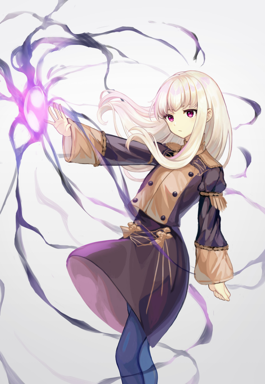 1girl black_pantyhose buttons closed_mouth commentary_request fire_emblem fire_emblem:_three_houses floating_hair garreg_mach_monastery_uniform highres long_hair long_sleeves looking_at_viewer lysithea_von_ordelia magic pantyhose simple_background snowsakurachan solo uniform violet_eyes white_background white_hair