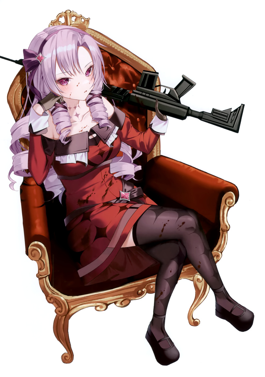 1girl absurdres armchair assault_rifle bare_shoulders black_footwear black_gloves black_thighhighs blood blood_on_face breasts chair collarbone crossed_legs dress drill_hair drill_sidelocks full_body gloves gun hair_ribbon hairband highres holding holding_gun holding_weapon hyakumantenbara_salome hyakumantenbara_salome_(1st_costume) ia_1928 long_hair long_sleeves looking_at_viewer mary_janes nijisanji non-web_source off-shoulder_dress off_shoulder on_chair parted_bangs purple_hair red_dress ribbon rifle shoes sidelocks simple_background sitting solo thigh-highs throne violet_eyes virtual_youtuber weapon white_background