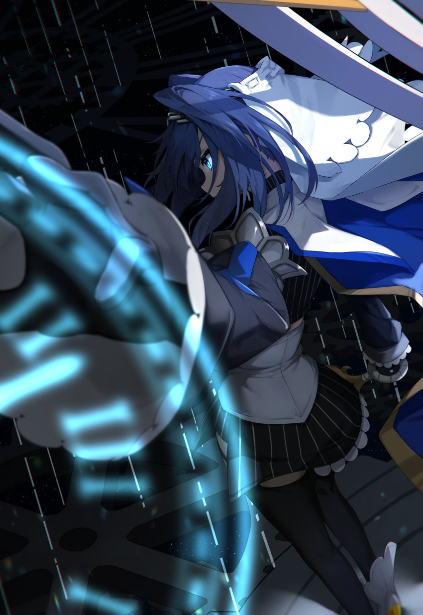 1girl absurdres black_gloves black_thighhighs blue_cape blue_eyes blue_hair cape chain chain_headband clock clothing_cutout collar detached_sleeves floating_hair from_behind gears gloves glowing glowing_eye hair_intakes halo heart highres holding holding_sword holding_weapon hololive hololive_english jewelry juliet_sleeves long_sleeves mechanical_halo micro_shorts miniskirt ouro_kronii ouro_kronii_(1st_costume) puffy_sleeves shirt short_hair shorts skirt sky sleeveless sleeveless_shirt sleeveless_turtleneck solo star_(sky) starry_sky sword thigh-highs tokyo_(1421) turtleneck veil virtual_youtuber weapon white_footwear yellow_footwear