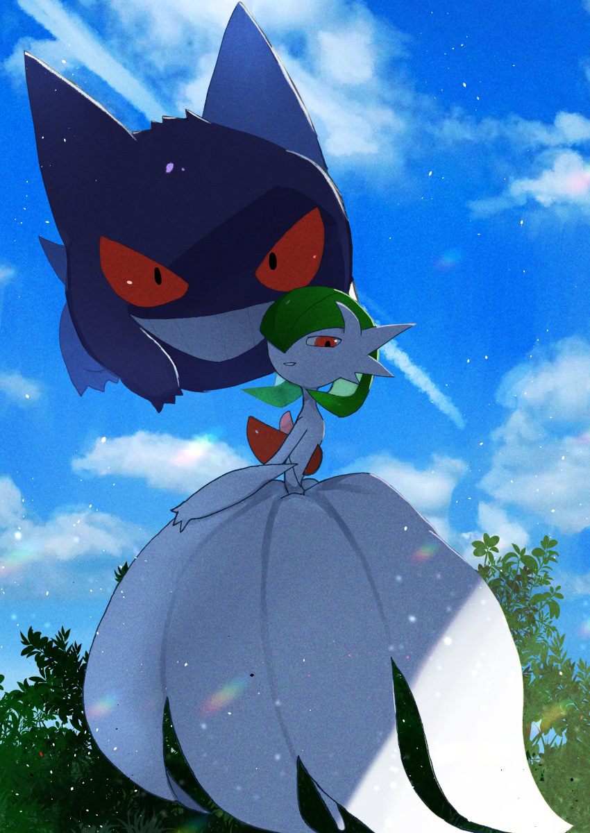 absurdres blue_sky bob_cut clouds cloudy_sky colored_skin dress gardevoir gengar ghost green_hair hair_over_one_eye highres looking_at_viewer mega_gardevoir parted_lips pokemon pokemon_(creature) red_eyes shiznar sky smile strapless strapless_dress white_dress white_skin