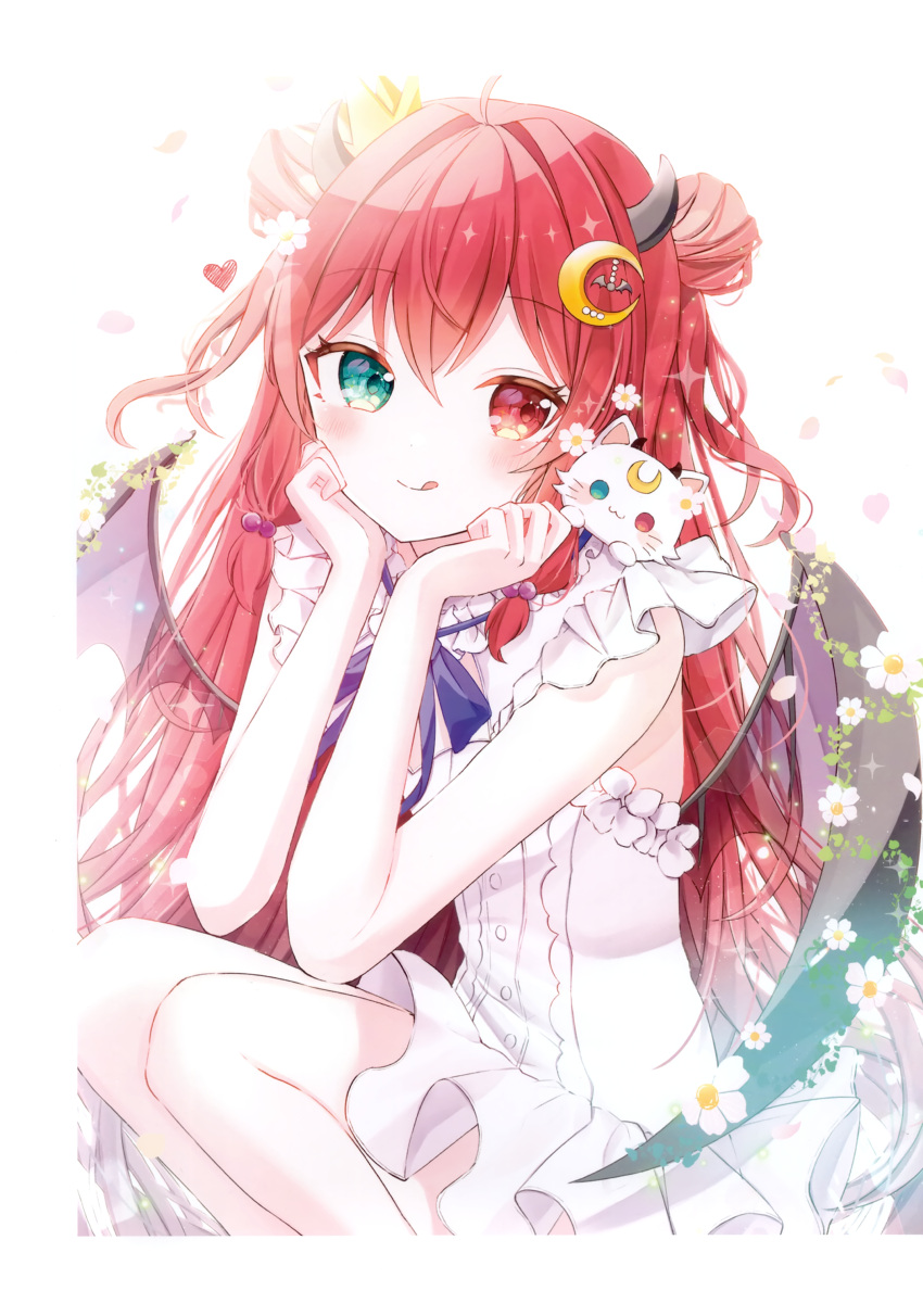 1girl :q absurdres ahoge blush closed_mouth crescent crescent_hair_ornament crown demon_girl demon_horns demon_wings double_bun dress flower frilled_dress frills green_eyes hair_between_eyes hair_bun hair_flower hair_ornament heart heterochromia highres horns long_hair looking_at_viewer mini_crown nanoda_ham nijisanji non-web_source petals red_eyes redhead ribbon sleeveless sleeveless_dress smile solo squatting tongue tongue_out two_side_up very_long_hair virtual_youtuber white_background white_dress white_flower wings yuzuki_roa