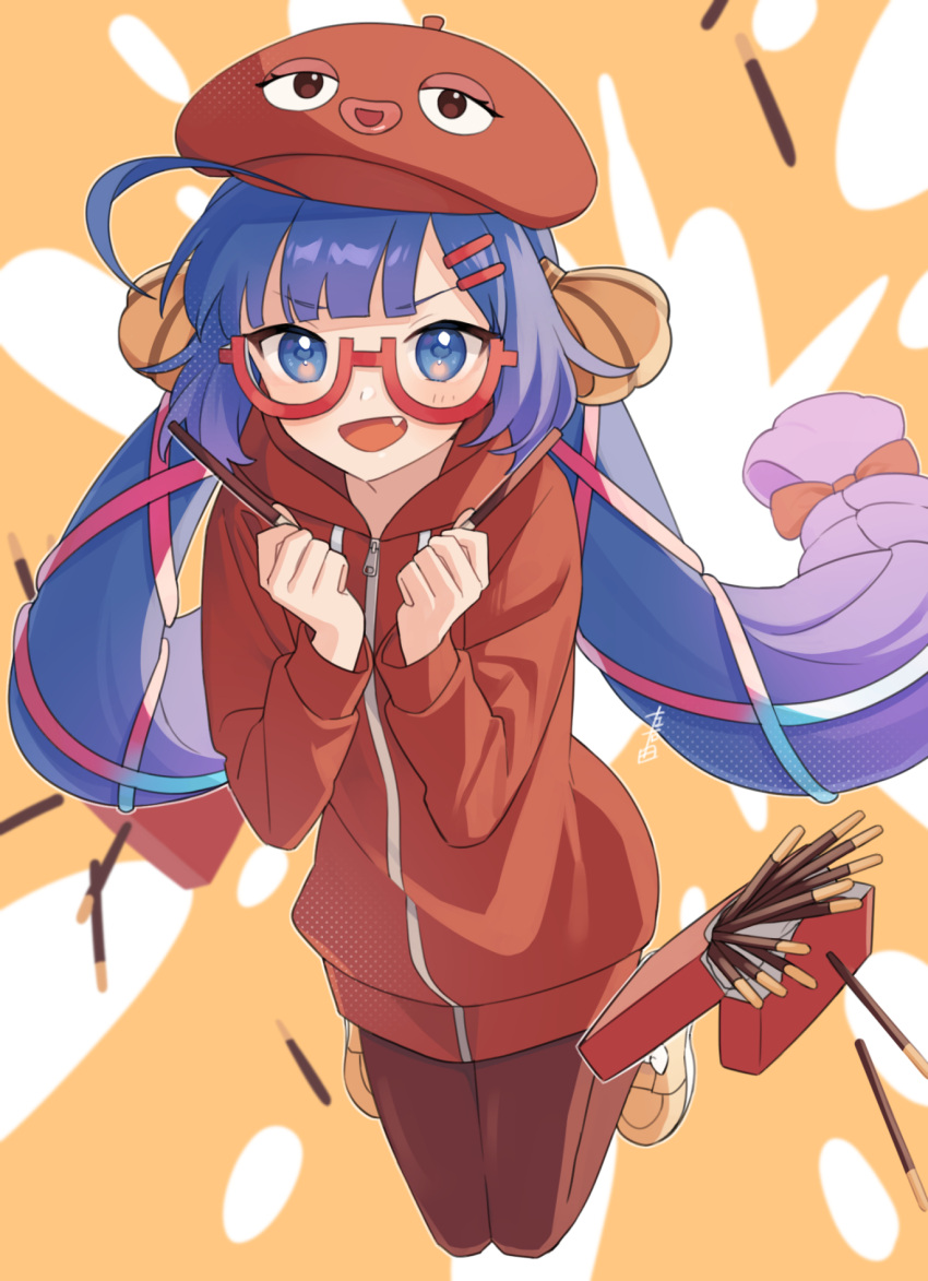 1girl alternate_costume beret blue_eyes blue_hair blunt_bangs bow brown_bow clenched_hands closed_jacket eel_hat fang food full_body gradient_hair hair_bow hair_ornament hairclip hat highres holding holding_food holding_pocky hood hood_down hooded_jacket jacket long_hair long_sleeves looking_at_viewer low-braided_long_hair low-tied_long_hair low_twintails multicolored_hair open_mouth orange_background orange_footwear otomachi_una otomachi_una_(talkex) outline pants pocky purple_hair red-framed_eyewear red_bow red_headwear red_jacket red_pants semi-rimless_eyewear smile solo suiso_sn3 talkex twintails two-tone_background v-shaped_eyebrows vocaloid white_background white_outline