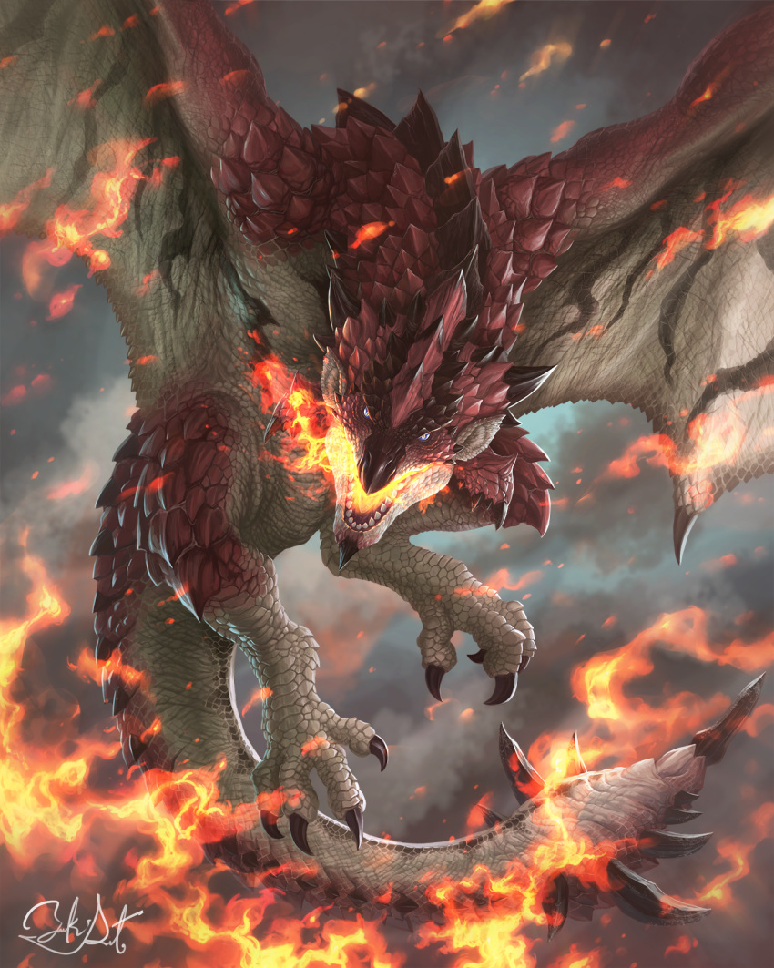 breath_weapon breathing_fire chin_spike clouds cloudy_sky colored_sclera dragon fire flying highres horns looking_at_viewer monster monster_focus monster_hunter_(series) open_mouth pointy_ears rathalos red_scales satoyuki sharp_teeth signature sky slit_pupils solo spiked_tail spread_wings tail talons teeth wings wyvern yellow_eyes