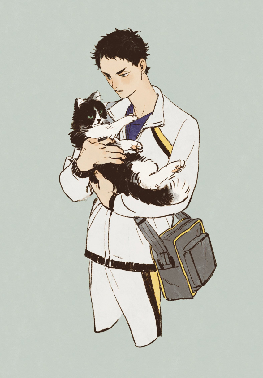 1boy akaashi_keiji animal animalization bag black_hair cat chengongzi123 collared_jacket cropped_legs dual_persona grey_background haikyuu!! hands_up highres holding holding_animal jacket long_sleeves looking_at_animal male_focus parted_lips short_hair simple_background standing very_short_hair