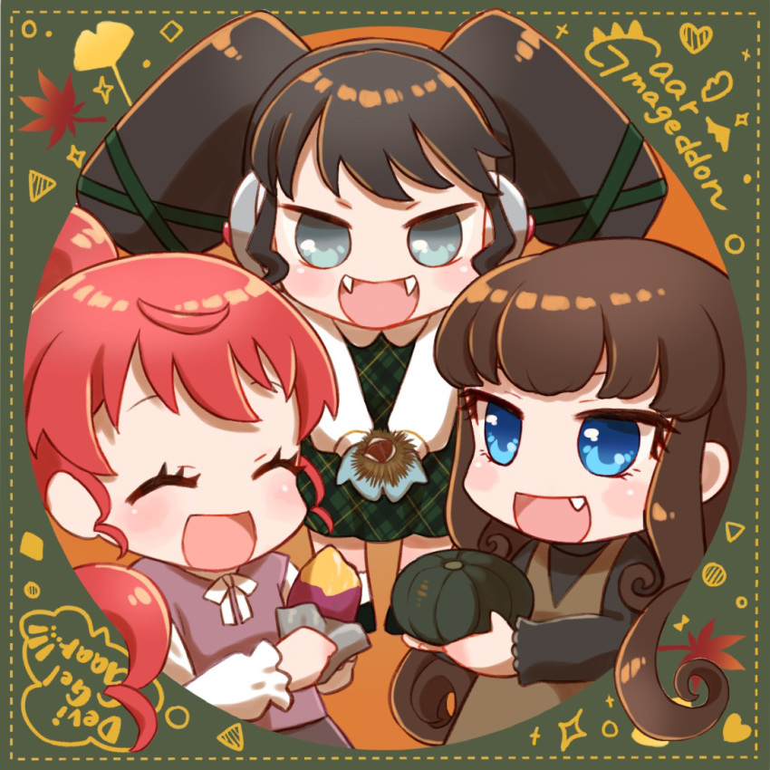 3girls :d ^_^ autumn autumn_leaves black_hair black_shirt blue_eyes border brown_hair chestnut chibi closed_eyes collared_shirt commentary_request dashed_border dress facing_viewer fang food gaaruru_(pripara) green_border green_dress group_name headphones holding holding_food holding_pumpkin holding_vegetable incoming_food jinno_(jin_c_kkry) kurosu_aroma leaf long_hair long_sleeves looking_at_another looking_at_viewer multiple_girls open_mouth pinafore_dress ponytail pretty_series pripara pumpkin red_hair roasted_sweet_potato round_border round_image shiratama_mikan shirt sidelocks sleeveless sleeveless_dress smile standing sweet_potato twintails vegetable white_shirt yellow_eyes