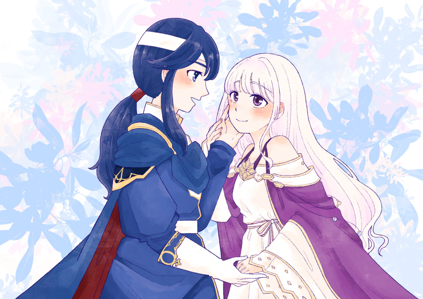 1boy 1girl absurdres blue_cloak blue_eyes blue_hair blush cloak dress fire_emblem fire_emblem:_genealogy_of_the_holy_war hand_on_another's_cheek hand_on_another's_face headband highres holding_hands implied_incest julia_(fire_emblem) long_hair looking_at_another matoke ponytail purple_cloak purple_hair sash seliph_(fire_emblem) simple_background smile violet_eyes white_headband white_sash wide_sleeves