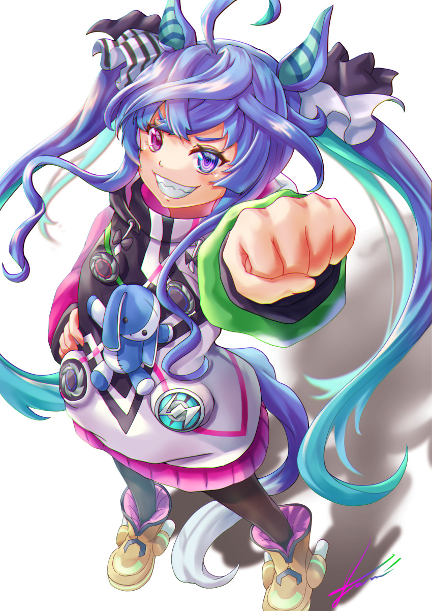 1girl @_@ ahoge animal_ears aqua_hair arm_up blue_eyes blue_hair boots bow brown_pantyhose clenched_hand commentary crossed_bangs drawstring from_above full_body grin hair_bow hand_on_own_hip heterochromia highres hood hoodie horse_ears horse_girl horse_tail long_hair long_sleeves looking_at_viewer multicolored_clothes multicolored_hair multicolored_hoodie pantyhose raised_fist shadow sharp_teeth sidelocks signature smile solo standing striped_bow stuffed_animal stuffed_rabbit stuffed_toy tail teeth twin_turbo_(umamusume) twintails two-tone_hair umamusume violet_eyes white_background yam_(yam6056) yellow_footwear