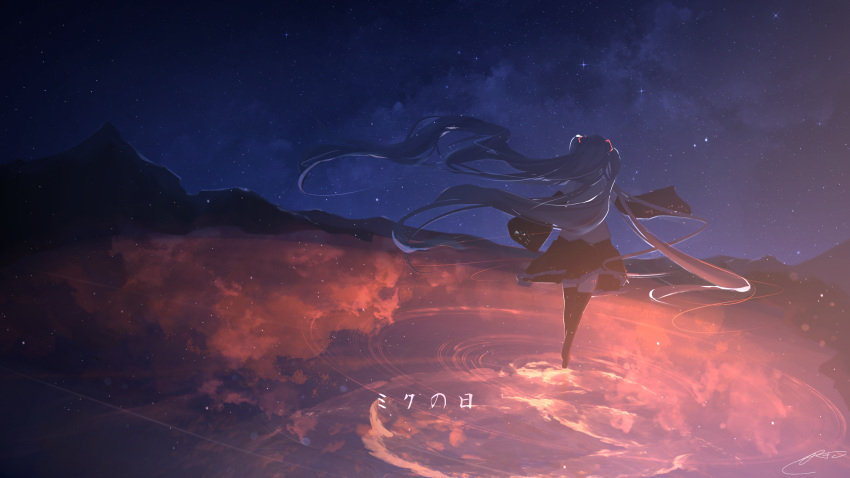 1girl arm_up black_skirt black_thighhighs blue_hair blue_sky clouds cloudy_sky detached_sleeves facing_ahead floating_hair from_behind grey_shirt hair_ornament hatsune_miku highres long_hair long_sleeves miku_day miniskirt night outdoors outstretched_arm pleated_skirt reflection reflective_water ripples rock rune_xiao shirt skirt sky sleeveless sleeveless_shirt solo space star_(sky) starry_sky thigh-highs very_long_hair vocaloid zettai_ryouiki