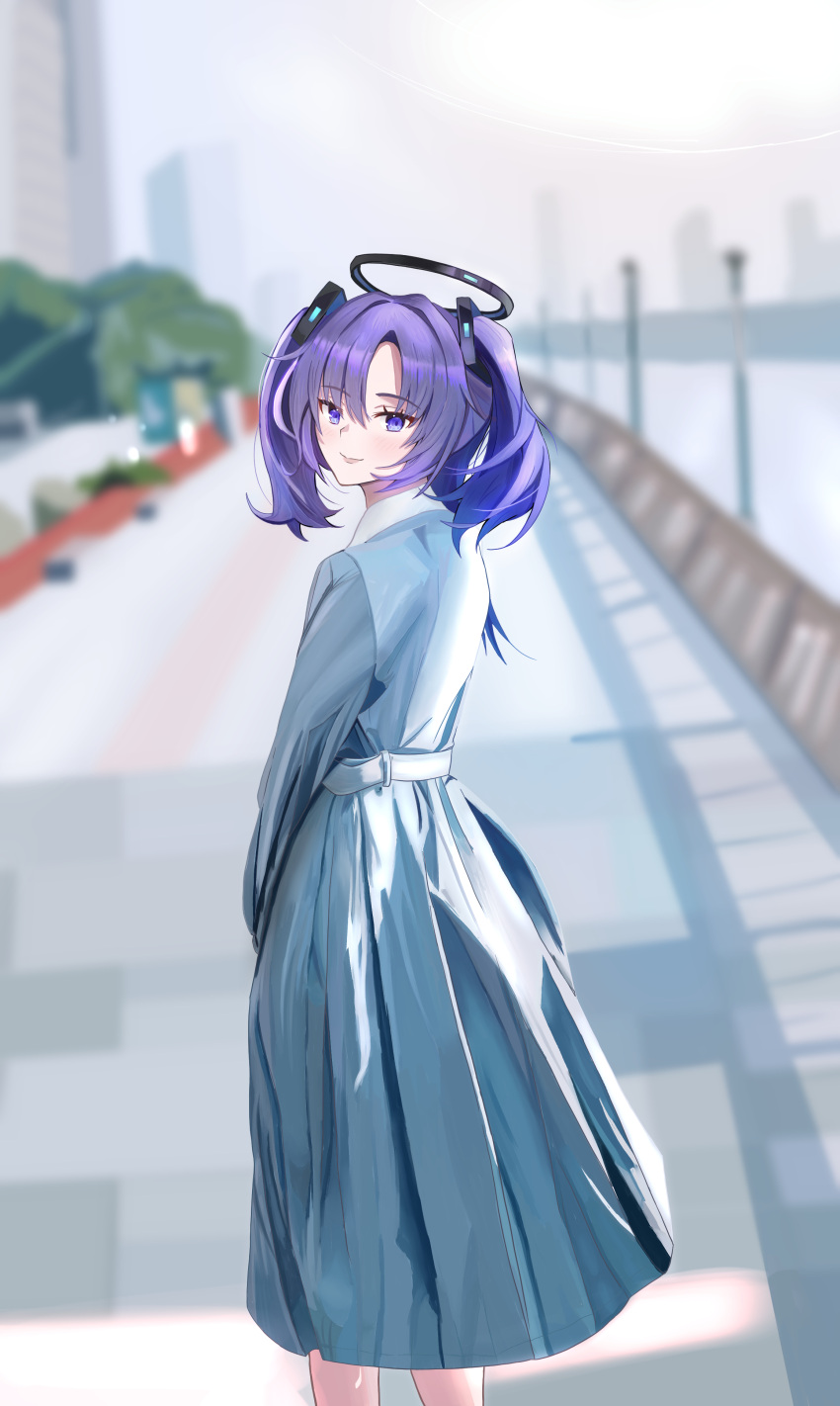 1girl absurdres alternate_costume blue_archive blurry blurry_background blush derivative_work feet_out_of_frame halo highres looking_at_viewer looking_back outdoors purple_hair si_(hnma5353) smile solo two_side_up violet_eyes yuuka_(blue_archive)