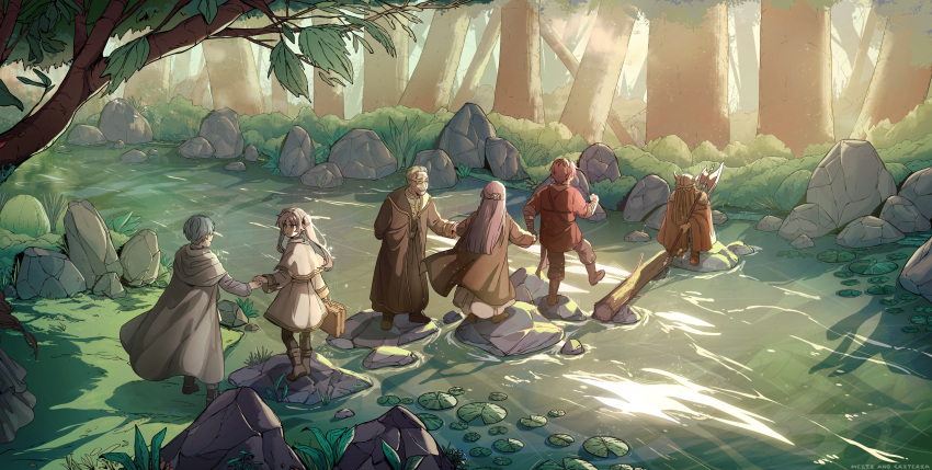 3girls 4boys absurdres artist_name axe backlighting beard black_coat black_pantyhose black_robe blue_hair boots brown_footwear bush cape capelet cloak coat collaboration commentary criteria dappled_sunlight dress elf english_commentary facial_hair fake_horns fern fern_(sousou_no_frieren) flamme_(sousou_no_frieren) forest frieren full_body glasses gold_trim heiter helmet highres himmel_(sousou_no_frieren) holding holding_axe holding_hands holding_suitcase horned_helmet horns jacket leaf log long_hair looking_at_another looking_down making-of_available meeti_patel multiple_boys multiple_girls nature old old_man outdoors pantyhose pointy_ears purple_hair red_jacket redhead river robe rock short_hair sousou_no_frieren standing stark_(sousou_no_frieren) suitcase sunlight tree twintails walking water white_cape white_capelet white_cloak white_dress