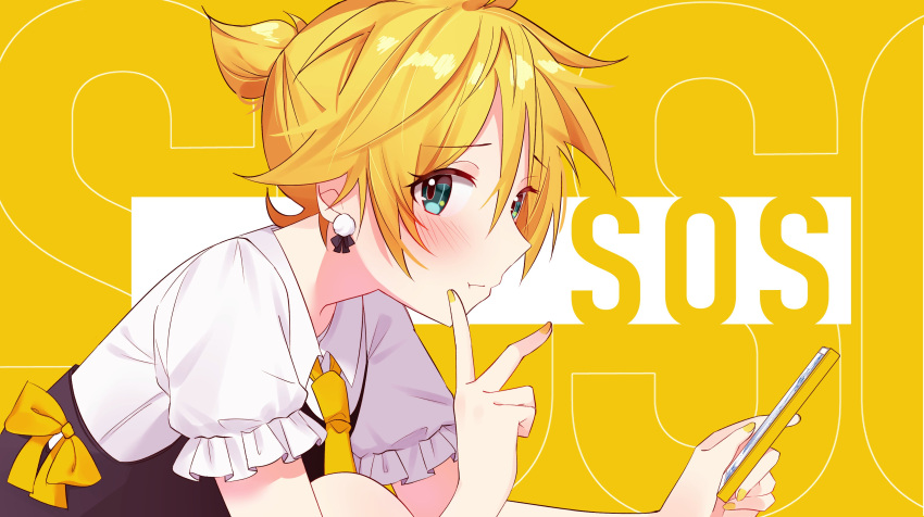 1boy absurdres alternate_costume black_vest blonde_hair blue_eyes blush cellphone closed_mouth earrings english_commentary finger_to_cheek hair_between_eyes highres holding holding_phone jewelry kagamine_len looking_at_viewer male_focus necktie parfaitkl phone pout puffy_short_sleeves puffy_sleeves ribbon shirt short_hair short_ponytail short_sleeves smartphone solo text_background vest vocaloid white_shirt yellow_background yellow_nails yellow_necktie yellow_ribbon