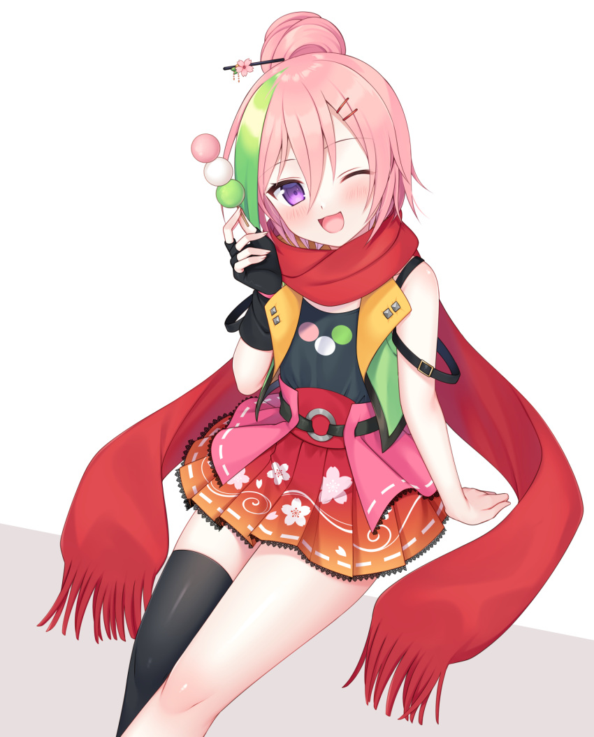 1girl blush dango food green_hair hair_ornament highres holding holding_food jacket multicolored_hair nata_ichio one_eye_closed open_mouth original pink_hair red_scarf red_skirt scarf single_thighhigh skirt smile solo thigh-highs violet_eyes wagashi