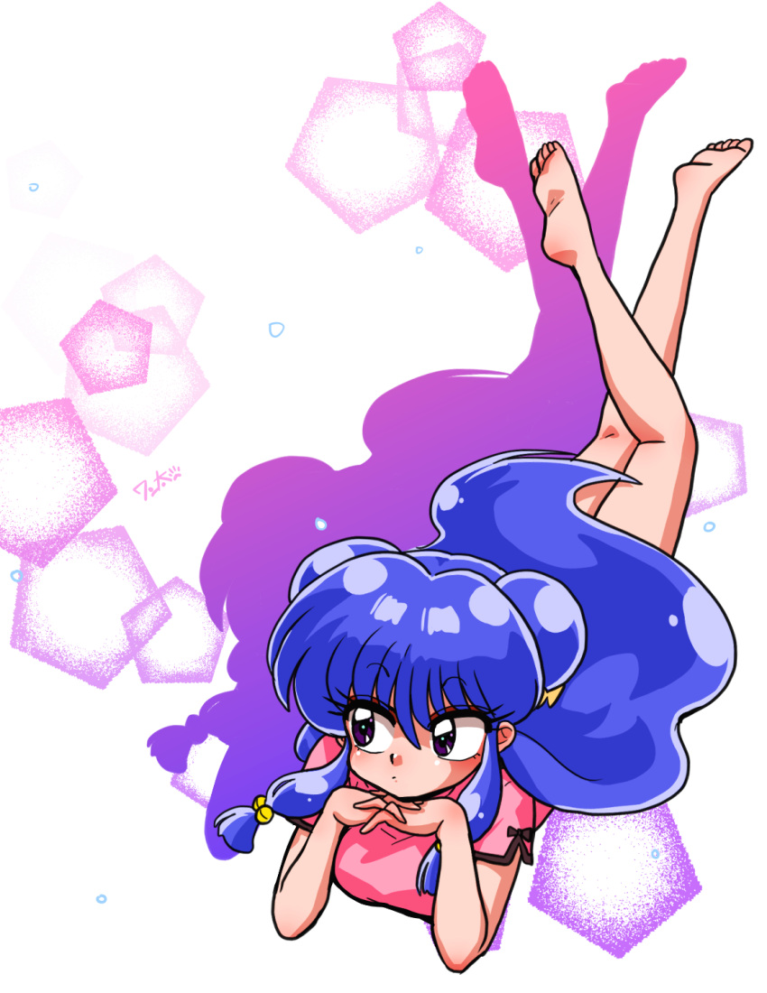 1girl abstract_background barefoot china_dress chinese_clothes double_bun dress feet_up hair_bun hands_on_own_chin highres leg_up long_hair looking_to_the_side lying on_stomach pensive pentagon_(shape) pentagon_bubbles pink_dress purple_hair pursed_lips ranma_1/2 shadow shampoo_(ranma_1/2) signature violet_eyes wanta_(futoshi) white_background
