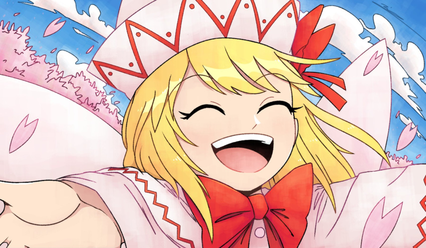 1girl :d blonde_hair bow bowtie capelet cherry_blossoms closed_eyes dress fairy_wings falling_petals happy hat hat_bow highres lily_white long_hair long_sleeves open_mouth outstretched_arms petals pointy_hat red_bow red_bowtie smile solo teeth theyoiy touhou upper_teeth_only white_capelet white_dress white_headwear wide_sleeves wings