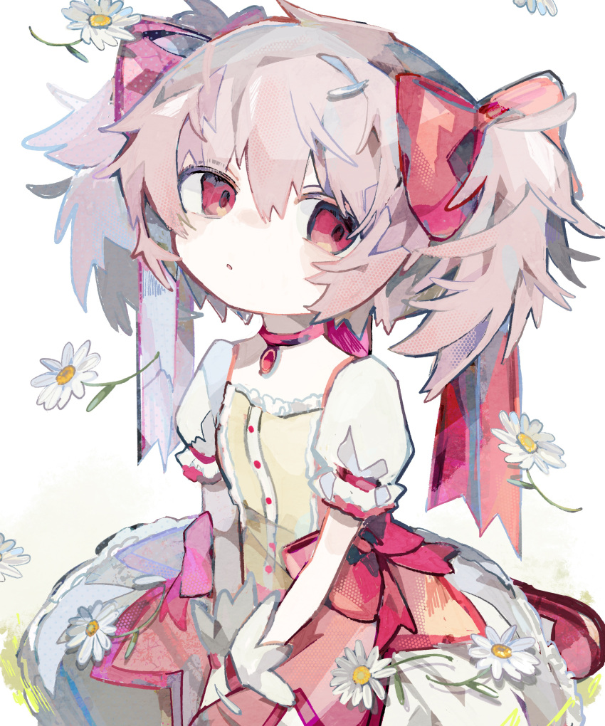 1girl absurdres bow choker commentary daisy dress falling_flower flower gloves hair_bow highres kaname_madoka looking_at_viewer mahou_shoujo_madoka_magica mahou_shoujo_madoka_magica_(anime) parted_lips pink_bow pink_choker pink_dress pink_eyes pink_hair puffy_short_sleeves puffy_sleeves short_sleeves sidelocks simple_background sitting solo soresaki twintails v_arms wariza white_background white_flower white_gloves white_sleeves