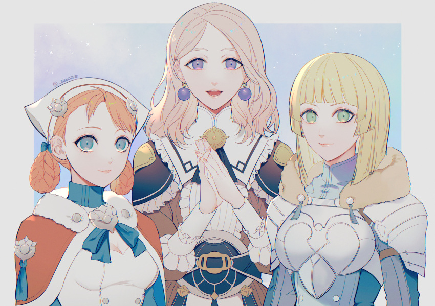 3girls annette_fantine_dominic armor blonde_hair blue_background blue_eyes border braided_hair_rings breastplate brown_dress capelet center_frills closed_mouth commentary_request dress earrings fingernails fire_emblem fire_emblem:_three_houses fire_emblem_warriors:_three_hopes frills fur-trimmed_capelet fur_trim green_eyes headdress highres ingrid_brandl_galatea jewelry lips long_hair long_sleeves mercedes_von_martritz multiple_girls oas official_alternate_costume official_alternate_hairstyle open_mouth orange_capelet orange_hair outside_border own_hands_together pink_lips pink_nails short_hair shoulder_armor simple_background smile twitter_username violet_eyes white_border white_dress white_headwear