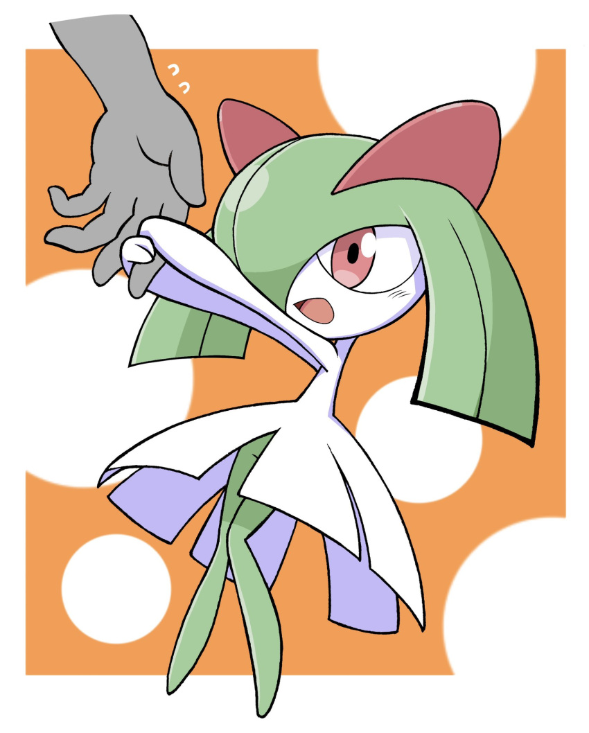 colored_skin envi55109095 grabbing_another's_hand green_hair hair_over_one_eye highres kirlia long_hair multicolored_skin open_mouth orange_background out_of_frame pink_eyes pokemon pokemon_(creature) simple_background smile two-tone_skin white_skin