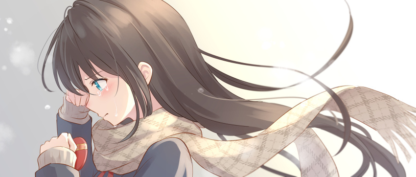 1girl absurdres black_hair black_jacket brown_scarf commentary crying crying_with_eyes_open english_commentary furrowed_brow gift gradient_background grey_background hair_flowing_over highres holding holding_gift jacket long_hair looking_down original plaid plaid_scarf red_ribbon ribbon rubbing_eyes sad scarf solo soramizuki tears very_long_hair white_background