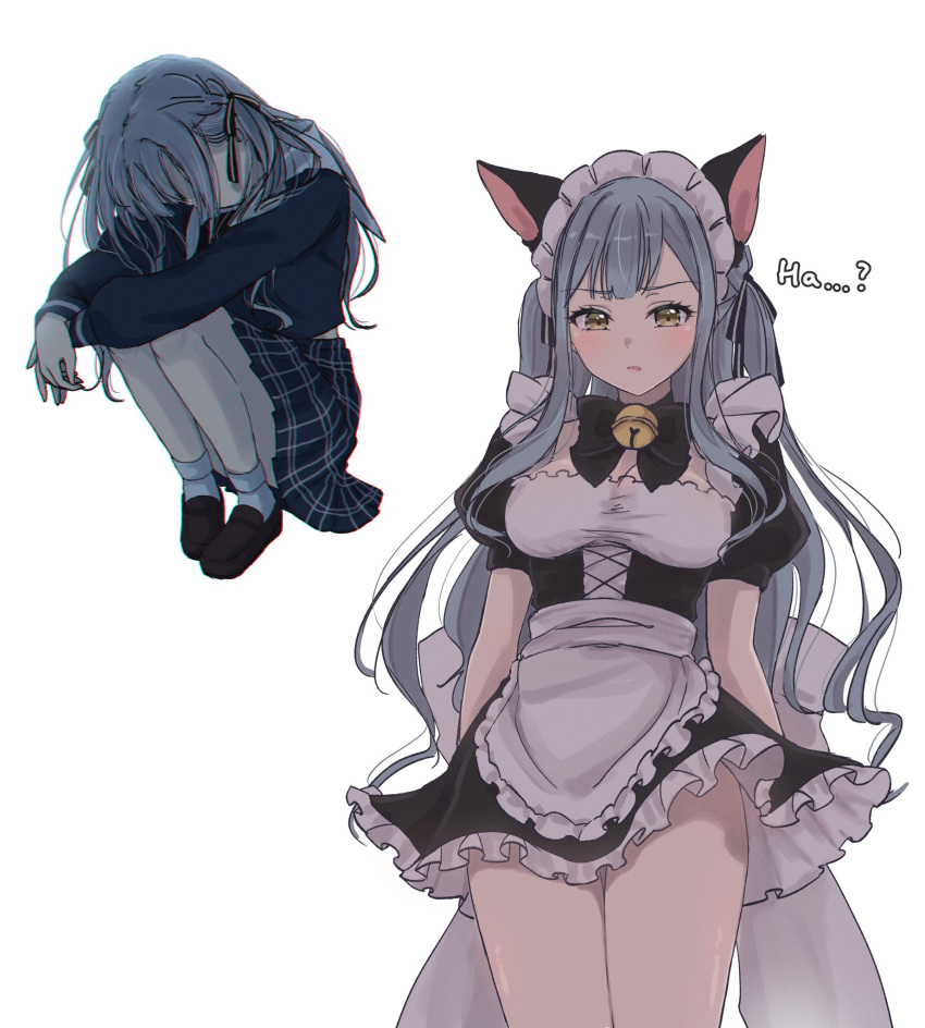 1girl alternate_costume animal_ears apron arms_on_knees bang_dream! bang_dream!_it's_mygo!!!!! bell black_bow blue_hair blue_serafuku blue_skirt blush bow breasts cat_ears chromatic_aberration enmaided frills hair_ribbon highres jingle_bell knees_to_chest loafers long_hair long_sleeves looking_at_viewer maid maid_apron maid_headdress multiple_views neck_bell parted_lips plaid plaid_skirt pleated_skirt ppora ribbon sad school_uniform serafuku shoes short_sleeves skirt socks thighs togawa_sakiko tsukinomori_school_uniform two_side_up white_background white_ribbon white_socks yellow_eyes