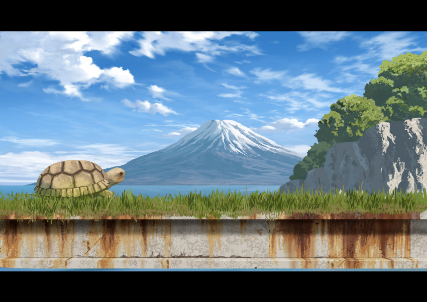 abandoned absurdres blue_sky cliff clouds cloudy_sky day grass highres lake landscape mount_fuji original outdoors overgrown rust scenery sky steel_beam sumassha_t_t turtle