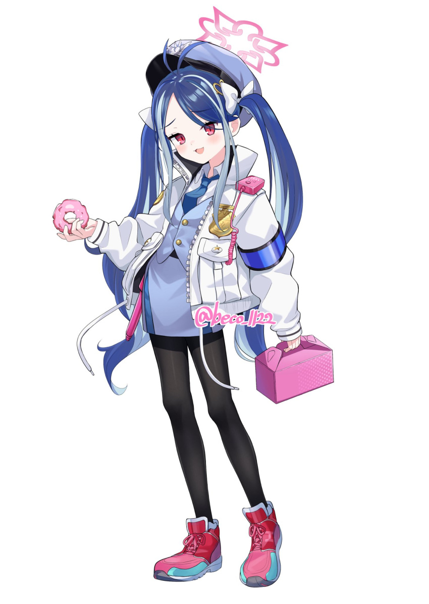 1girl antenna_hair beko_(beco_1122) black_pantyhose blue_archive blue_hair blue_headwear blue_necktie blue_skirt blue_vest blush collared_shirt doughnut food fubuki_(blue_archive) grey_hair halo hat highres holding holding_food jacket long_hair long_sleeves necktie open_clothes open_jacket open_mouth pantyhose peaked_cap pink_halo red_eyes red_footwear shirt shoes simple_background skirt smile solo twintails twitter_username vest white_background white_jacket white_shirt
