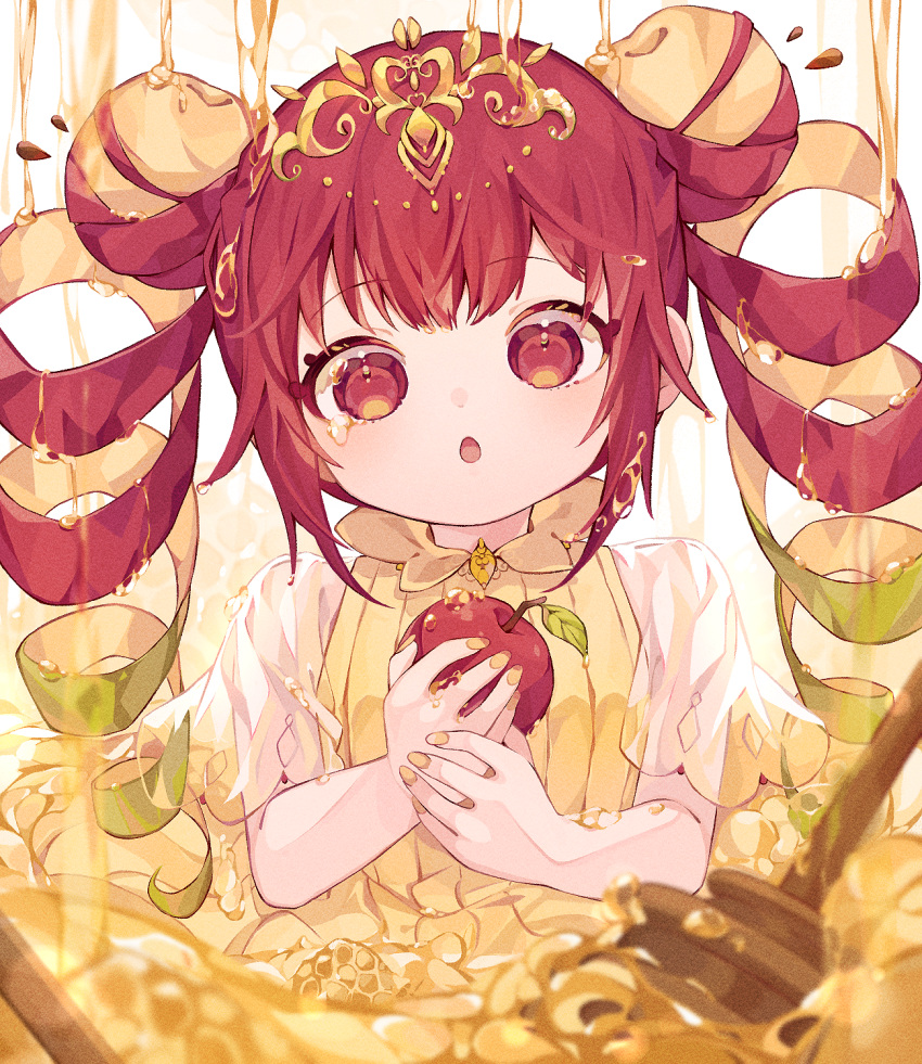 1girl apple apple_peel commentary_request dress drill_hair film_grain food food-themed_hair fruit green_hair headpiece highres holding holding_food holding_fruit honey honey_dipper honeycomb_(object) long_hair multicolored_hair open_mouth original red_apple red_eyes redhead ribbed_dress see-through see-through_sleeves short_sleeves solo tetolapis twin_drills yellow_dress yellow_nails