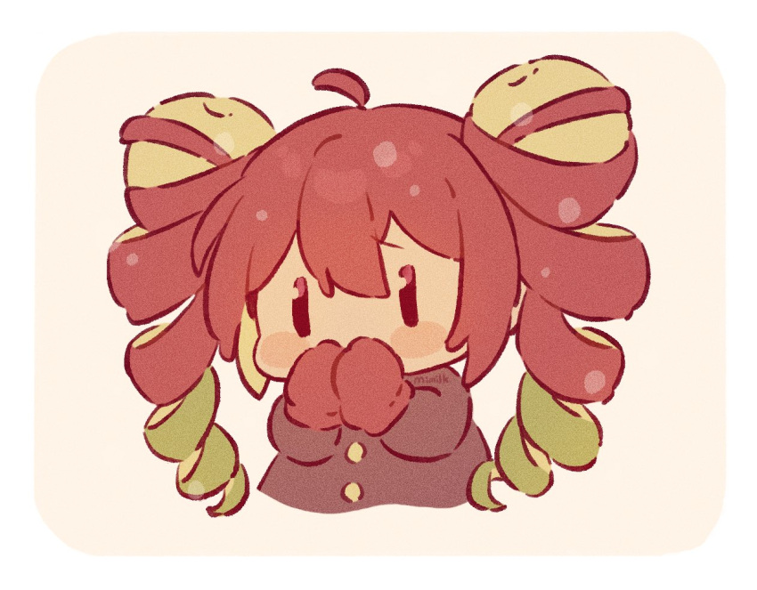1girl ahoge apple apple_peel artist_name black_coat blush_stickers border buttons chibi coat commentary_request covering_own_mouth cropped_torso food food-themed_hair fruit green_hair long_hair long_sleeves mittens multicolored_hair original red_mittens redhead rounded_corners solo tetolapis white_border |_|