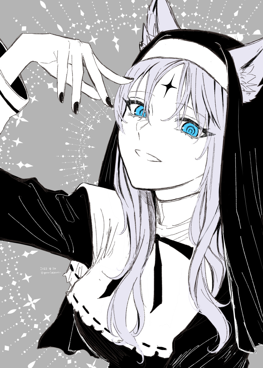 1girl absurdres animal_ear_fluff animal_ears blue_eyes cat_ears commentary_request facial_mark forehead_mark grey_background habit hand_up highres long_hair long_sleeves looking_at_viewer monochrome nail_polish noripro parted_lips shirayuki_mishiro simple_background smile solo spot_color upper_body virtual_youtuber yuri_kyanon