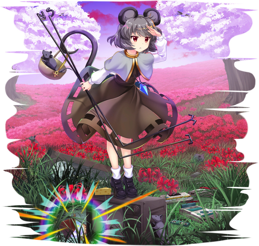 1girl :&lt; analog_clock animal_ears basket black_border black_footwear blouse blue_gemstone bob_cut border brown_dress capelet cheese cherry_blossoms clock closed_mouth clouds commentary crt digital_media_player dowsing_rod dress field flower flower_field food full_body game_cg gem glowing gradient_sky grandfather_clock grey_hair handheld_game_console highres holding holding_with_tail ipod jewelry lantern leaning_forward long_sleeves looking_afar looking_ahead mouse mouse_ears mouse_girl mouse_tail nazrin necklace non-web_source official_art outdoors pendant pinafore_dress prehensile_tail puffy_sleeves purple_clouds purple_sky red_eyes red_flower rotte_(1109) shading_eyes shirt shoes short_hair sky sleeveless sleeveless_dress socks solo spider_lily standing tail television touhou touhou_lostword transparent_background tree white_capelet white_shirt white_socks wind wind_lift