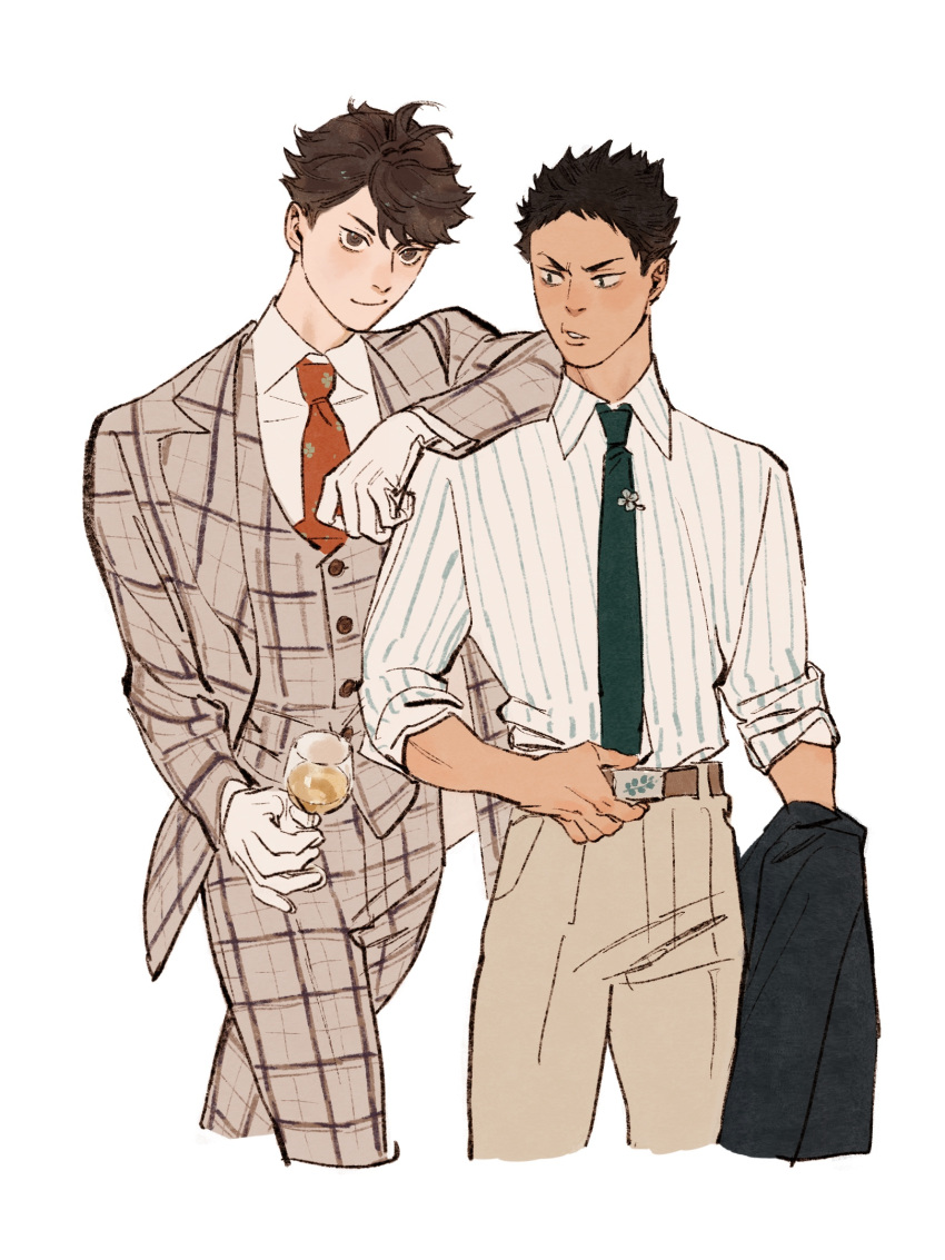 2boys arm_on_shoulder black_hair brown_eyes brown_hair brown_jacket brown_pants brown_suit champagne_flute chengongzi123 chinese_commentary closed_mouth collared_shirt cropped_legs cup drink drinking_glass full_body gloves green_necktie haikyuu!! hands_up highres holding holding_clothes holding_cup holding_drink holding_jacket iwaizumi_hajime jacket long_sleeves looking_at_viewer male_focus multiple_boys necktie oikawa_tooru_(haikyuu!!) pants parted_lips plaid plaid_jacket plaid_pants red_necktie shirt short_hair simple_background smile standing striped_clothes striped_shirt suit translation_request very_short_hair white_background