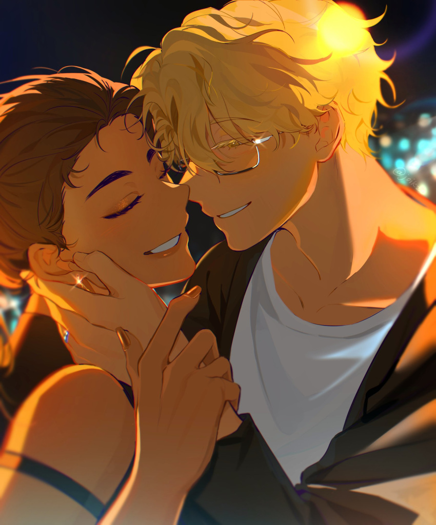 1boy 1girl alien_stage black_jacket blonde_hair brown_hair closed_eyes commentary dark-skinned_female dark_skin glasses hand_on_another's_face hashtag-only_commentary hetero highres holding_another's_wrist hyuna_(alien_stage) jacket joikzo luka_(alien_stage) shirt short_hair smile very_short_hair white_shirt