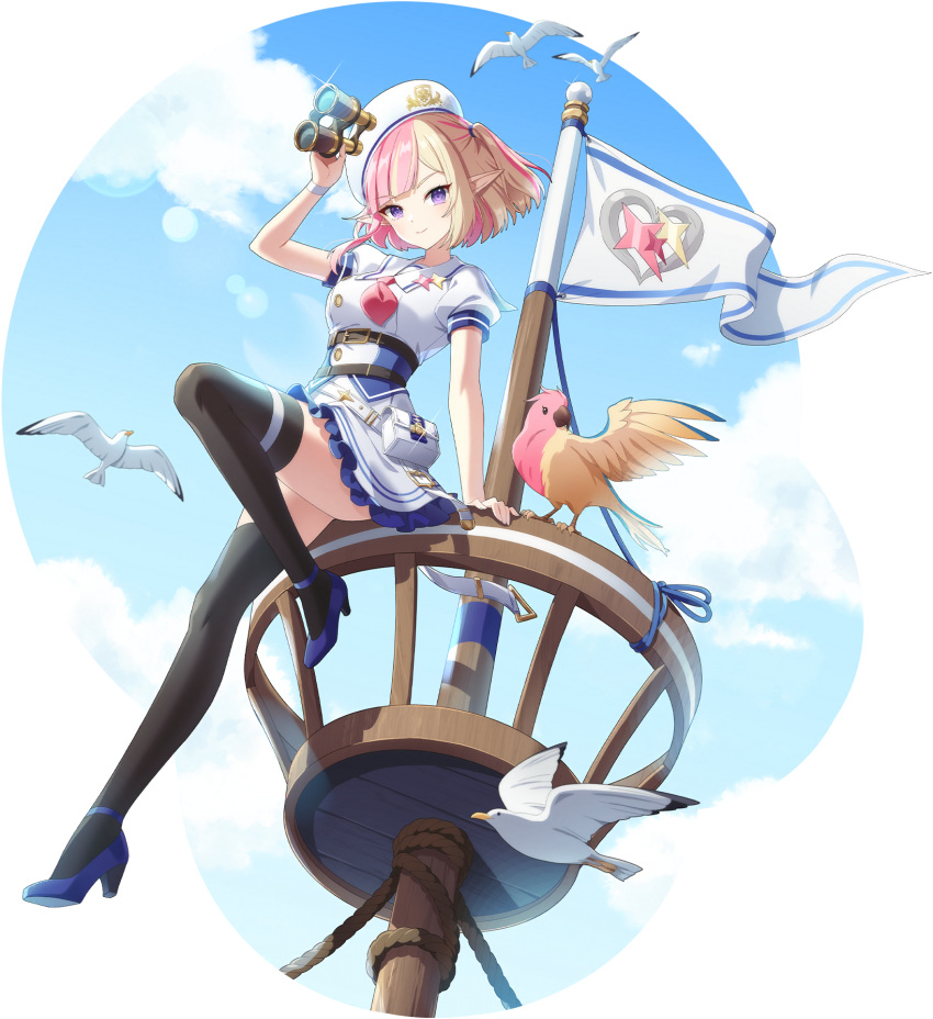 1girl belt belt_pouch binoculars bird black_thighhighs blonde_hair blue_footwear blue_sky clouds crow's_nest elf eversoul flag frilled_skirt frills game_cg high_heels highres holding holding_binoculars kanna_(eversoul) looking_at_viewer looking_to_the_side multicolored_hair multiple_belts neckerchief non-web_source official_alternate_costume official_art pink_hair pointy_ears pouch puffy_short_sleeves puffy_sleeves sailor_collar seagull short_hair short_sleeves sitting skirt sky solo streaked_hair tachi-e thigh-highs transparent_background two-tone_hair violet_eyes white_sailor_collar white_skirt