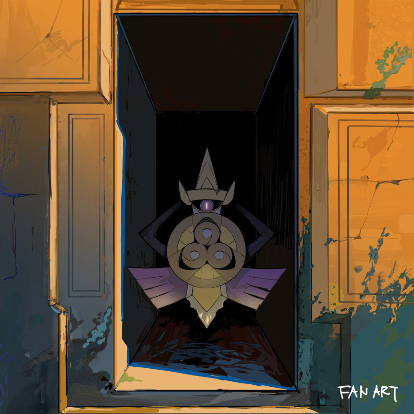 aegislash apios bright_pupils crack cracked_wall door english_text floating highres looking_at_viewer no_humans one-eyed pokemon pokemon_(creature) shield slit_pupils sword violet_eyes weapon white_pupils