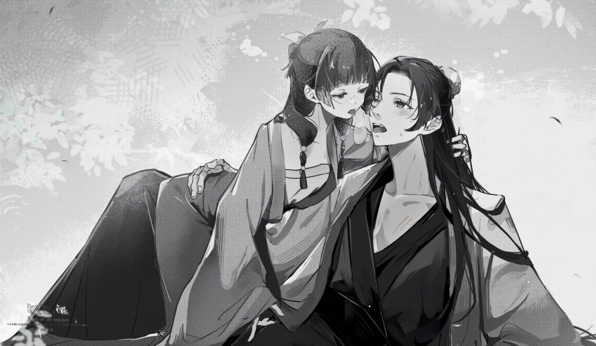 1boy 1girl after_kiss bite_mark blunt_bangs blush chinese_clothes couple efanziyu freckles greyscale hanfu hetero highres jinshi_(kusuriya_no_hitorigoto) kusuriya_no_hitorigoto leaning_back leaning_forward long_hair maomao_(kusuriya_no_hitorigoto) monochrome one_eye_closed open_mouth saliva saliva_trail scratches sitting steam straight_hair sweatdrop tongue tongue_out wide_sleeves