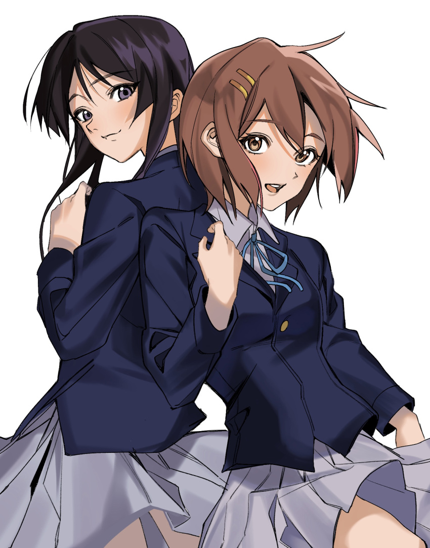 2girls akiyama_mio arm_at_side back-to-back black_hair blazer blue_eyes blue_jacket blue_ribbon blue_skirt brown_eyes brown_hair buttons collared_shirt commentary_request cowboy_shot hair_ornament hairclip hand_up highres hirasawa_yui jacket k-on! korean_commentary long_hair looking_at_viewer looking_back lya_(ctrc5838) multiple_girls neck_ribbon open_mouth pleated_skirt ribbon school_uniform shirt short_hair skirt smile teeth upper_teeth_only white_background white_shirt