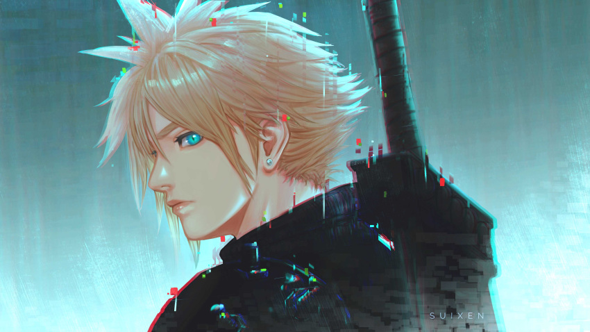 1boy absurdres armor blonde_hair blue_eyes buster_sword closed_mouth cloud_strife commentary earrings english_commentary final_fantasy final_fantasy_vii final_fantasy_vii_rebirth final_fantasy_vii_remake from_side highres huge_weapon jewelry lips male_focus portrait ribbed_sweater short_hair shoulder_armor solo spiky_hair stud_earrings suixen sweater sword sword_on_back turtleneck turtleneck_sweater upper_body weapon weapon_on_back