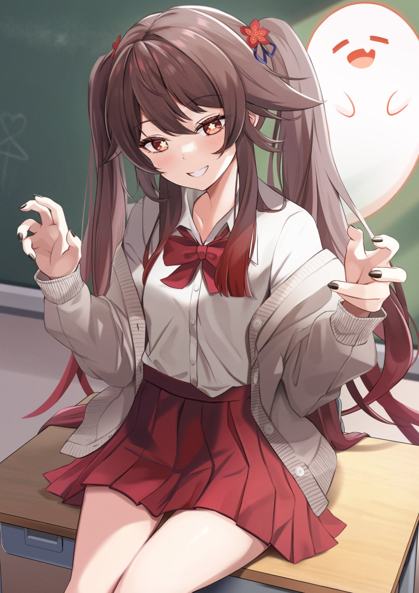 1girl alternate_costume black_nails boo_tao_(genshin_impact) bow bowtie breasts brown_hair classroom desk genshin_impact hair_between_eyes hair_ornament highres hu_tao_(genshin_impact) long_hair on_desk open_clothes open_vest red_bow red_bowtie red_eyes red_skirt school_desk shirt sitting skirt small_breasts smile solo sweater sweater_vest swept_bangs teeth twintails vest white_shirt yutoriko_(candy0905)