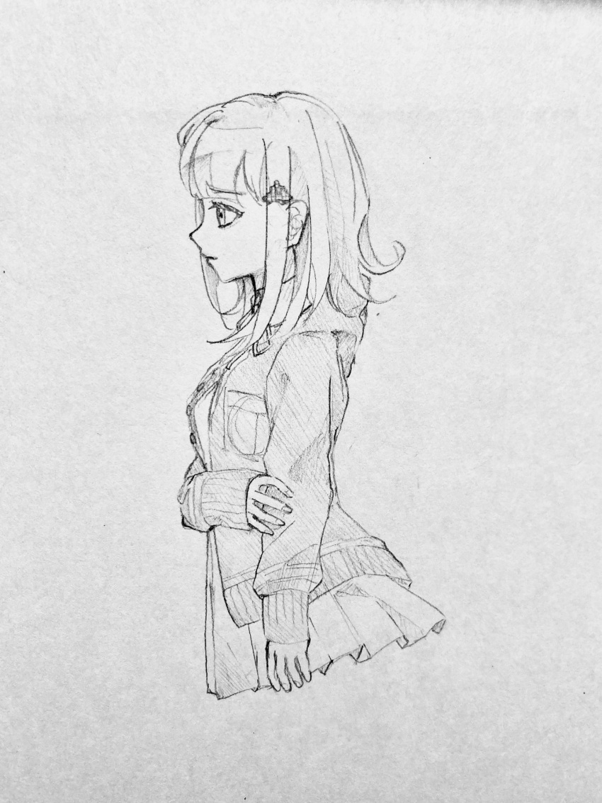 1girl cropped_legs danganronpa_(series) danganronpa_2:_goodbye_despair dress_shirt from_side ge_dancing grey_background greyscale highres jacket looking_ahead miniskirt monochrome nanami_chiaki open_clothes open_jacket pleated_skirt profile shirt simple_background skirt solo spaceship_hair_ornament traditional_media two-tone_shirt