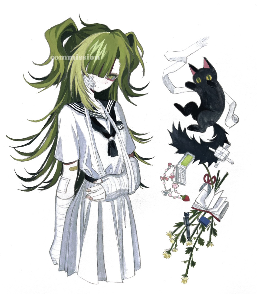 1girl accessories black_cat black_fur blunt_bangs cat cellphone colored_skin commission dress flower green_eyes green_hair hair_over_one_eye highres injury long_hair niwanosekai notebook original phone pink_nails school_uniform twintails white_background white_dress white_skin