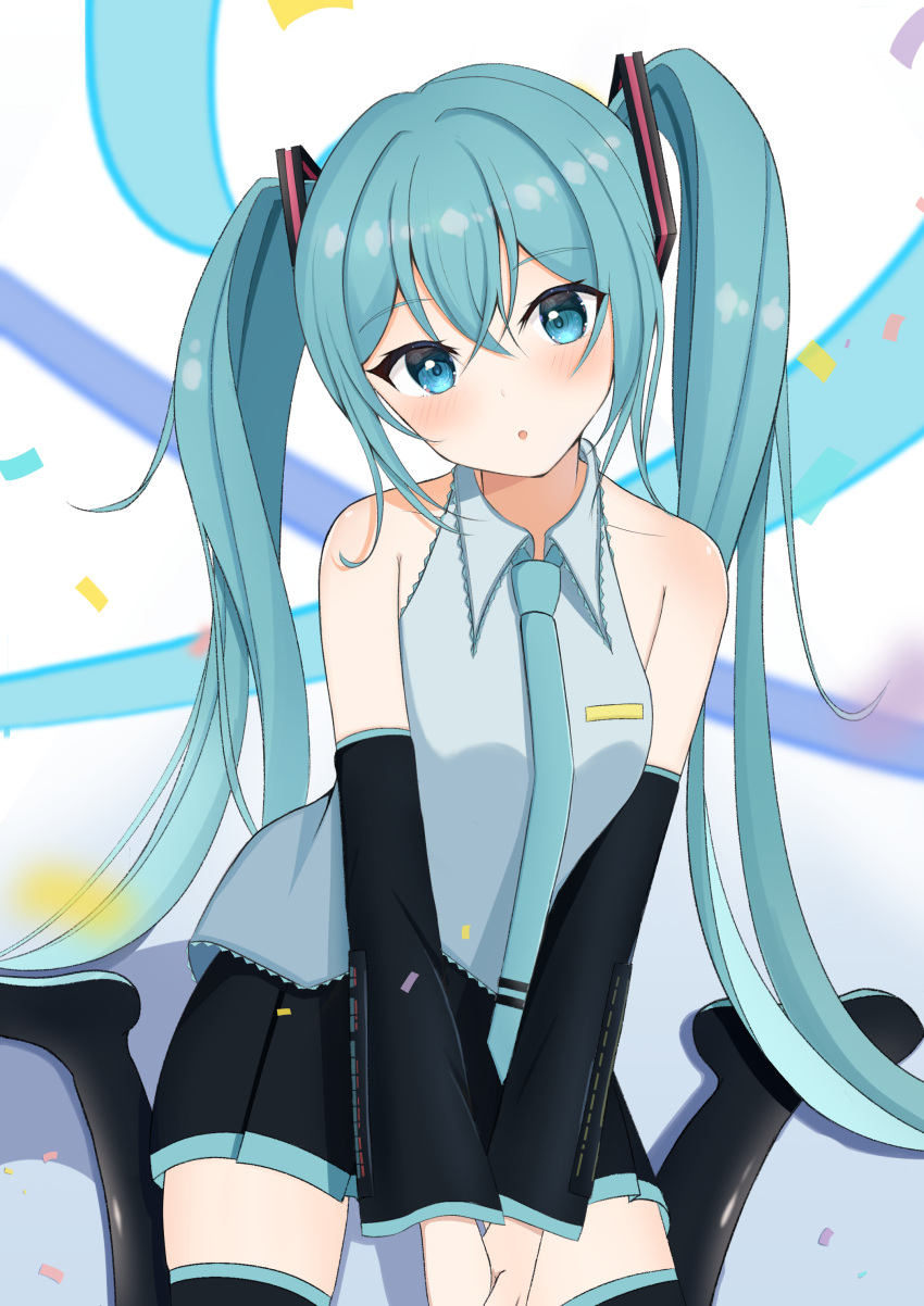 1girl absurdres aoki_ao blue_eyes blue_hair blush boots collared_shirt confetti detached_sleeves hatsune_miku head_tilt highres long_hair long_sleeves looking_at_viewer necktie open_mouth own_hands_together pleated_skirt shirt sitting skirt sleeveless sleeveless_shirt solo thigh_boots twintails very_long_hair vocaloid wariza