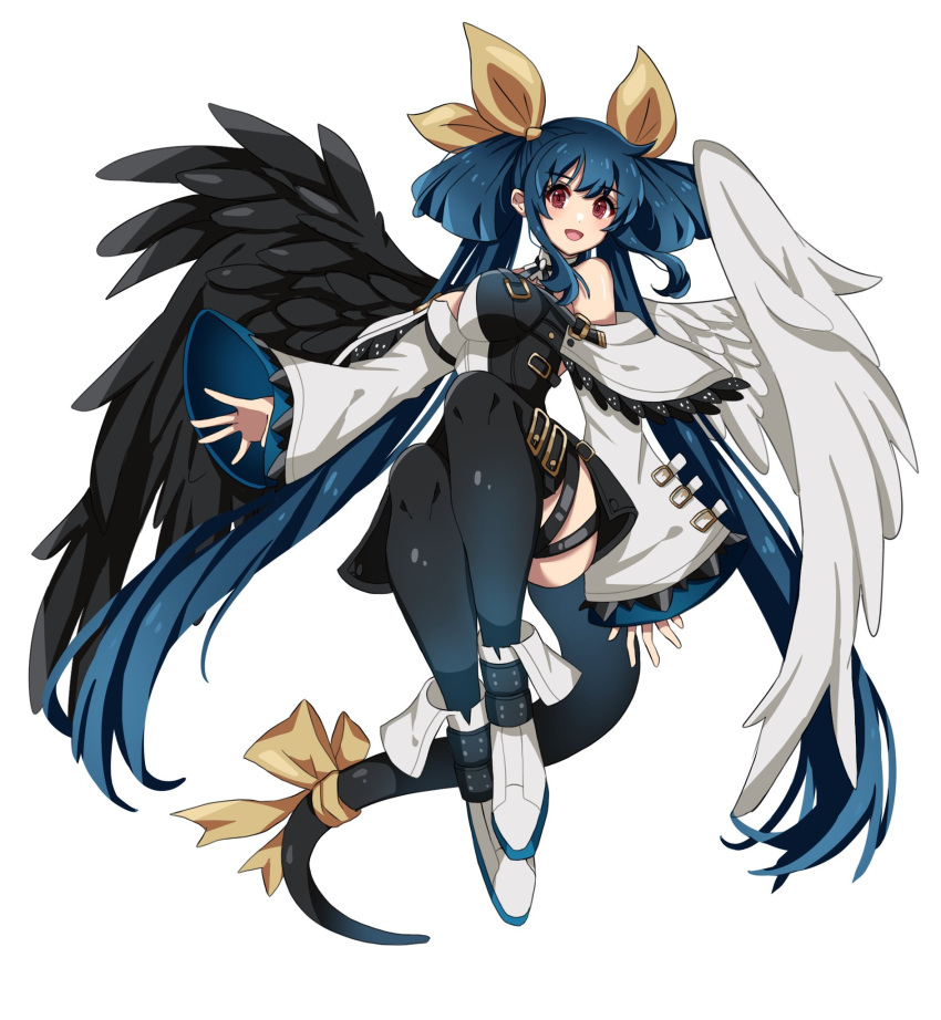 1girl angel_wings asymmetrical_wings bare_shoulders black_thighhighs black_wings blue_hair blush bow breasts commentary_request detached_sleeves dizzy_(guilty_gear) feathered_wings guilty_gear guilty_gear_xrd hair_ribbon hair_rings highres hina_co_330 large_breasts long_hair monster_girl red_eyes ribbon tail tail_bow tail_ornament tail_ribbon thigh-highs white_sleeves white_wings wide_sleeves wings yellow_ribbon
